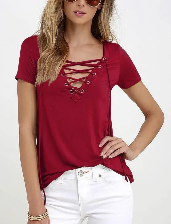 Для женщин летние Повседневное одноцветные футболки v-образным вырезом бинты