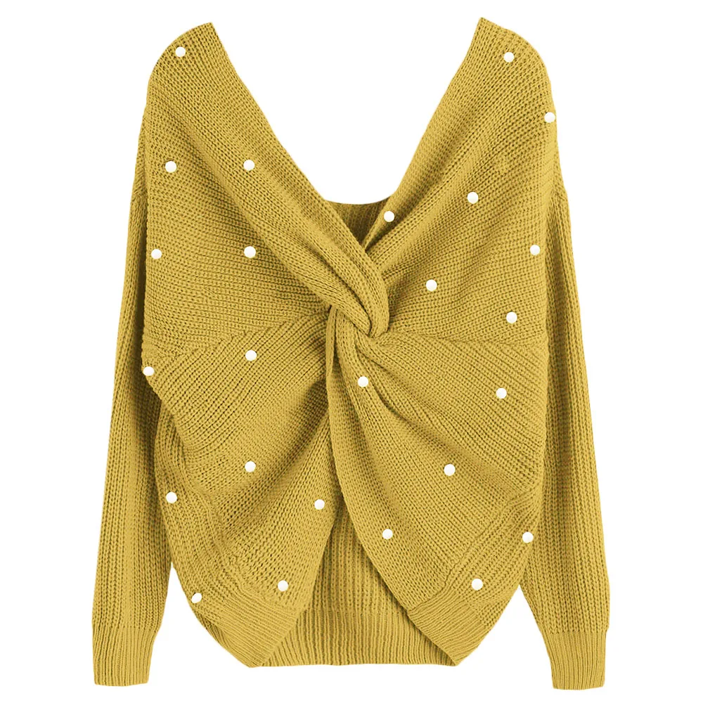 Back V Neck Pearl Beaded Detail Twist Sweater 2018 Fashion Long Sleeve Plain Pullovers Sweaters Women Casual Knitting Jumper | Женская