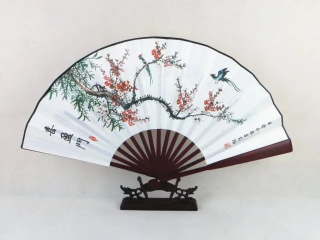 white Plum blossom Последний большой цветочный мужской ручной вентилятор китайский бамбуковый Шелковый складной веер традиционный ремесло Свадебный вентилятор - Цвет: white Plum blossom