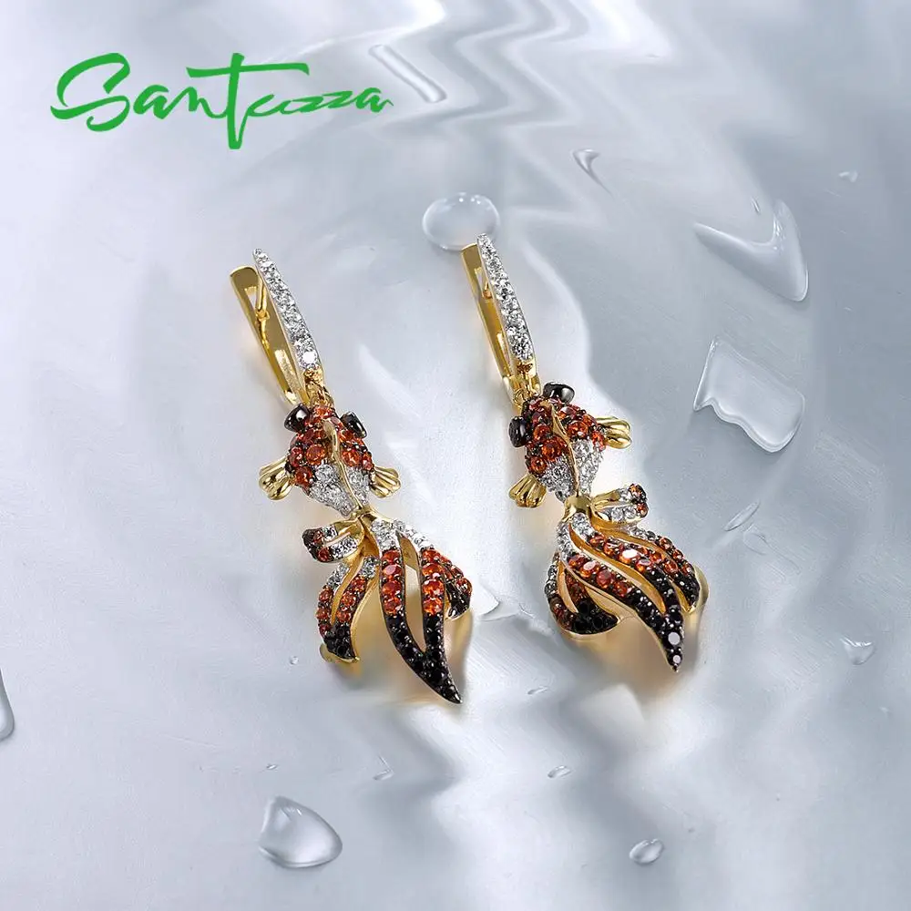 SANTUZZA, серебряные, золотые серьги-рыбки для женщин, 925 пробы, серебряные висячие серьги с кубическим цирконием, сережки женски brincos, ювелирные изделия