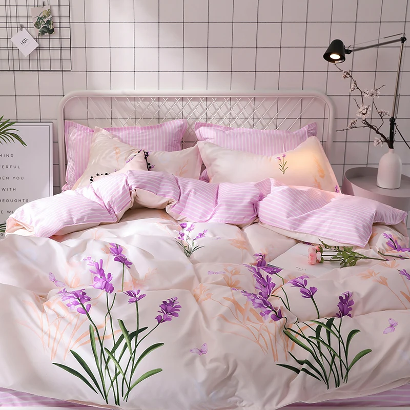 Romantic purple green flower plant printed 3/4pcs bed flat Sheet Pillowcase Duvet cover twin full Queen King size bedding set | Дом и сад