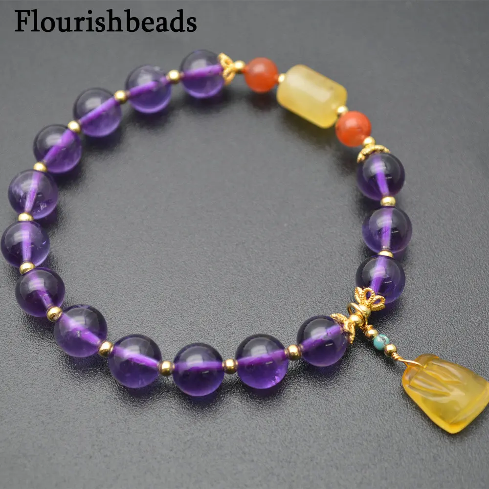 Бусины Из Натурального фиолетового аметиста и янтаря эластичный браслет Fengshui