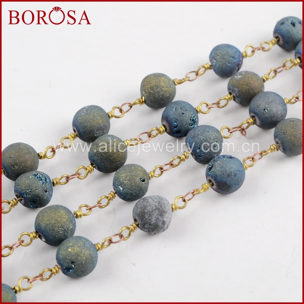 

BOROSA New 8mm Round Peacock Blue Agates Titanium Druzy Beaded Chains Brass Chain for Necklace DIY Drusy Jewelry Findings JT200