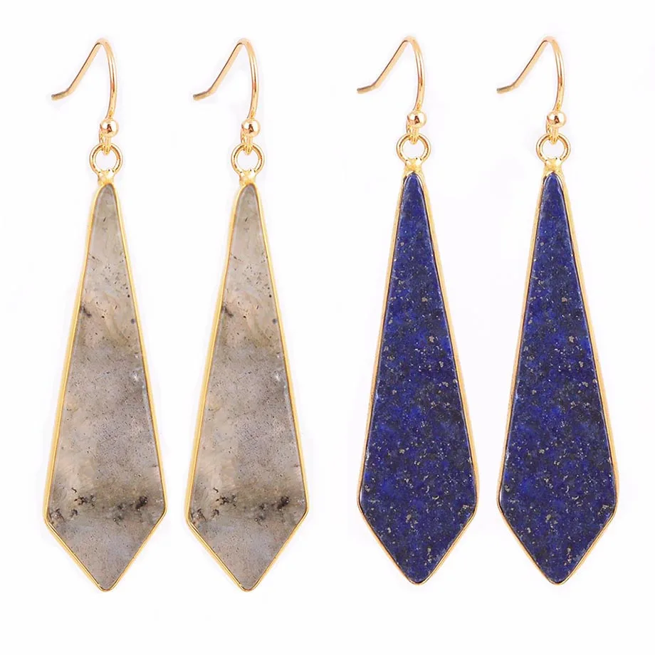 Женские серьги в форме стрелы из лунного камня и лазурита золотые длинные