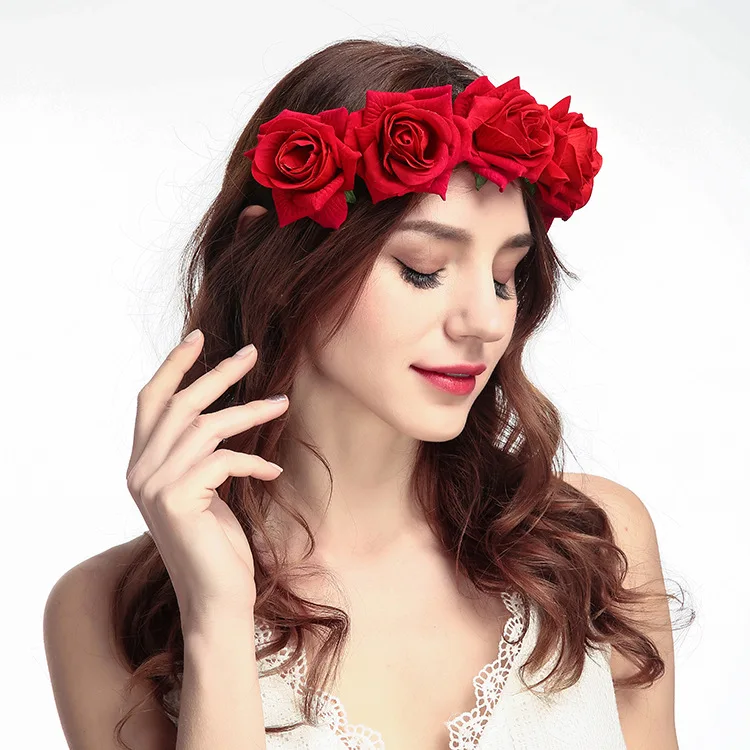Boho Bridal Flower Crown Headwear for Women and Girls - Red Rose Wedding Wreath Floral Garlands with Bridesmaid Hairband Accessories image 2