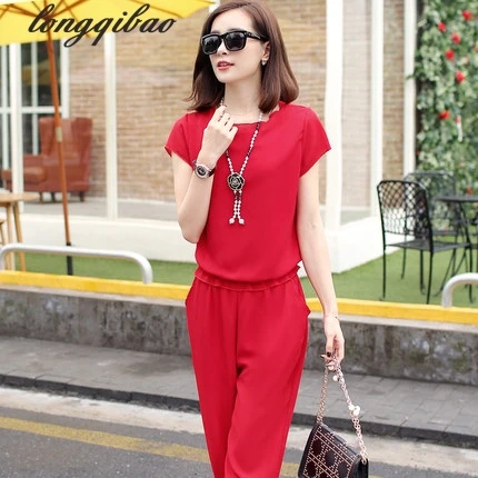 Женский шифоновый костюм свободного покроя однотонный в Корейском стиле из двух