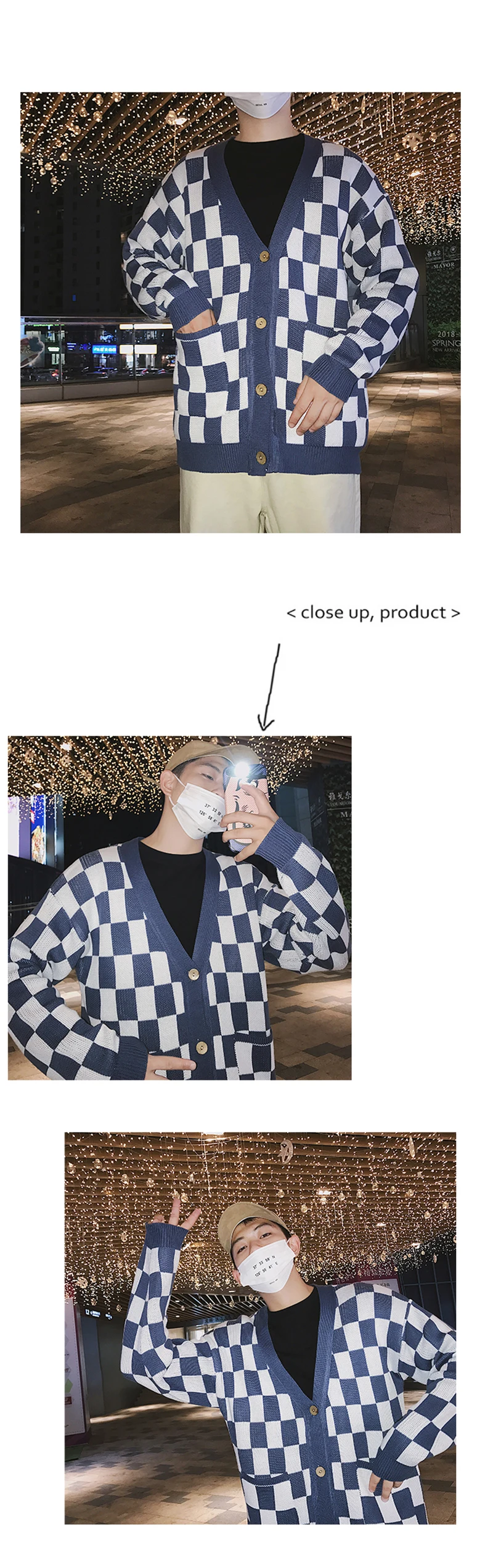 Plaid Oversized Sweater Men Hip Hop Mens v Neck Knit Cardigan Hombre Korean Checked Vintage Knitted Jacket Sweaters Mens Stylish