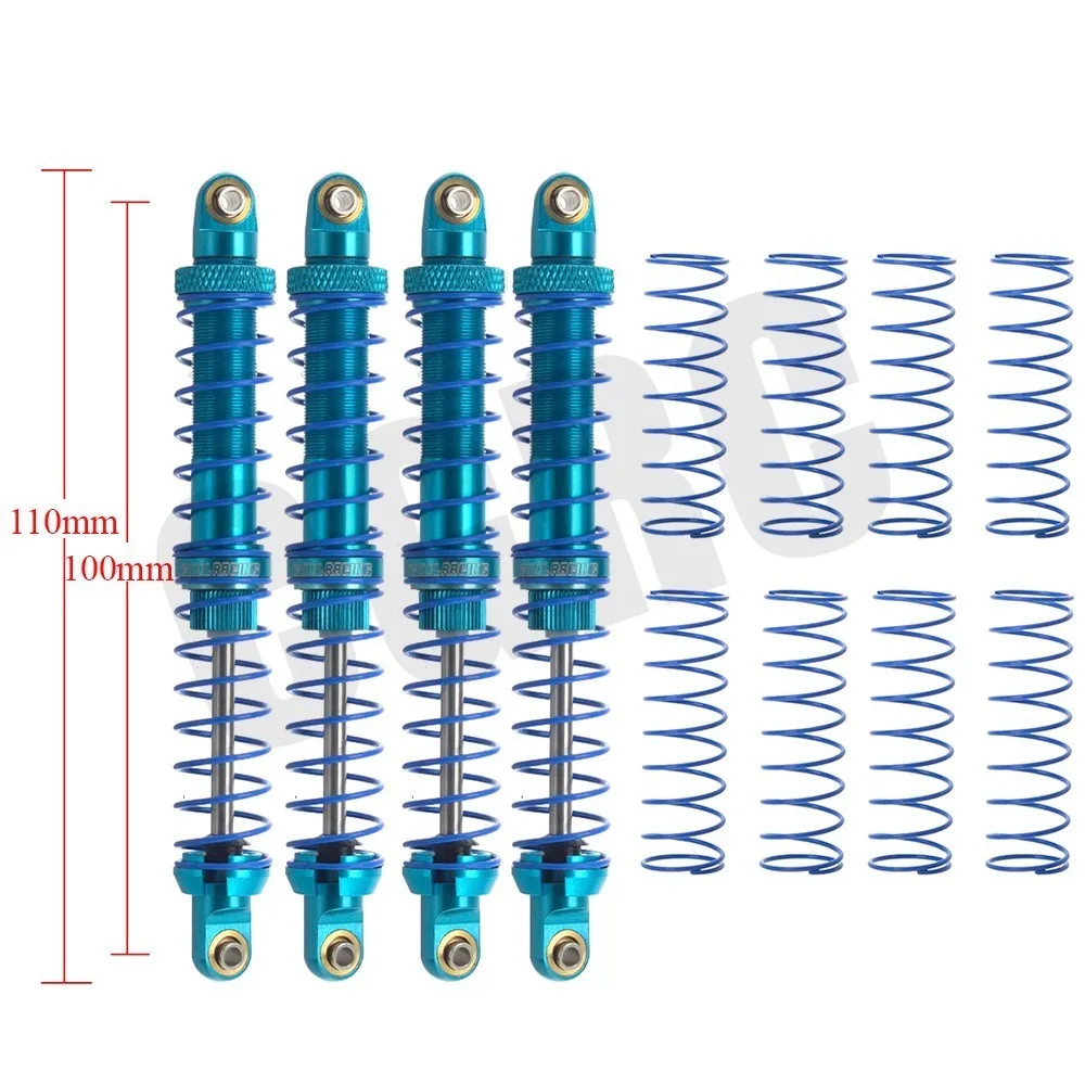 Blue 100mm 4pcs Двойной пружинный гидравлический металлический амортизатор 100/110 мм для 1/10 RC Гусеничный автомобиль TRX4 D90 осевой Scx10 90046 RC4WD CC01 - Color: Blue 100mm 4pcs