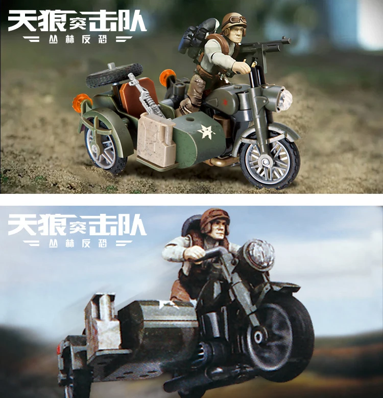 Military 1:36 scale Sirius Commandos Anti-terrorism in the Jungle mega block army action figures Side Wheel Motorcycle brick toy