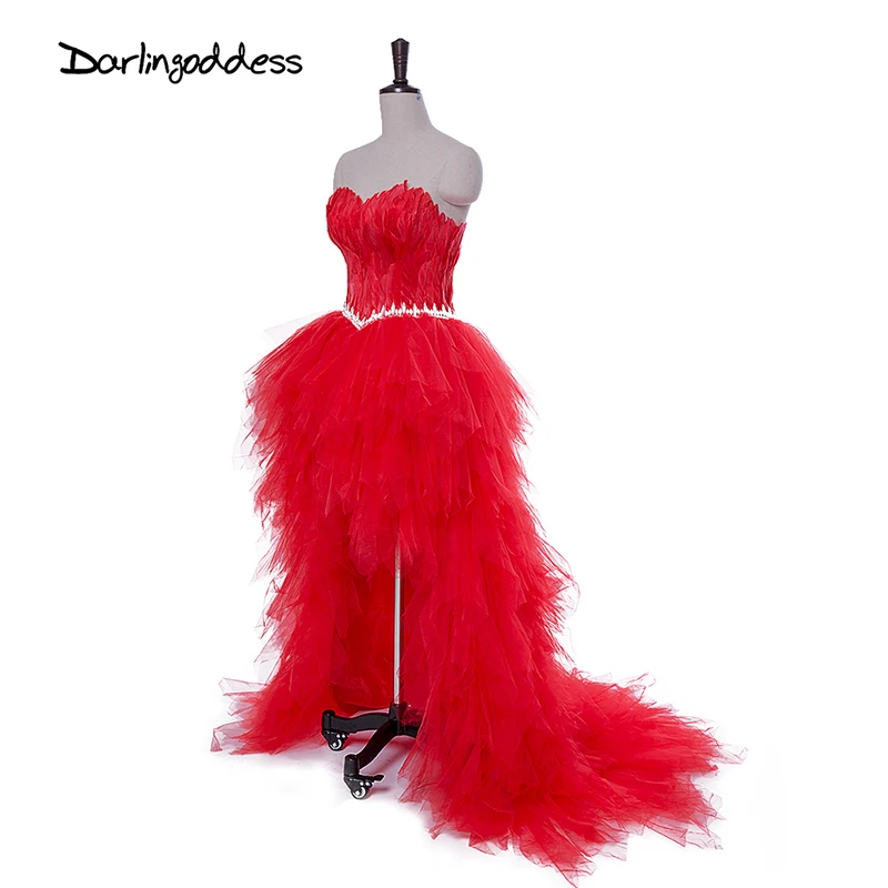 Darlingoddess халат De Soiree Longue пикантные короткое спереди и длинное сзади Вечерние платья без бретелек Перо Красные, Черные Серые белый платье для выпускного вечера