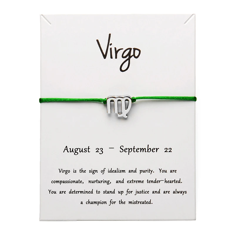 green Silver Virgo Белая карта Модные украшения 12 созвездий Зодиака Дева счастливая веревка браслет браслеты для женщин аксессуары - Окраска металла: green Silver Virgo