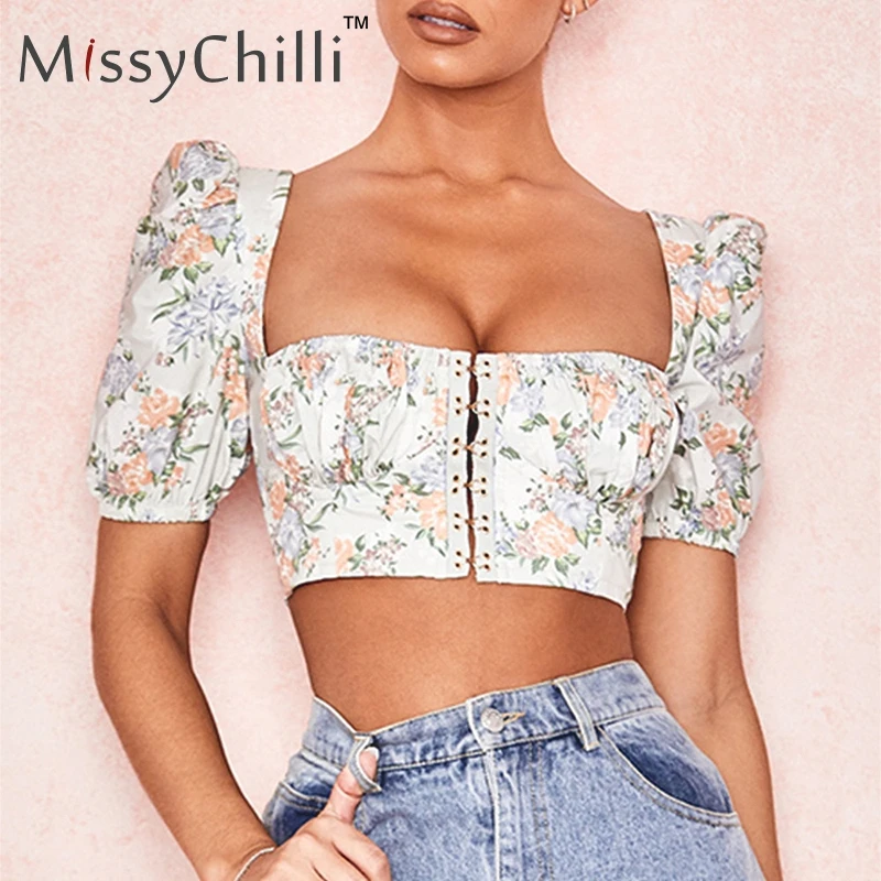 Сексуальная майка MissyChilli с пышными рукавами и цветочным рисунком женский белый