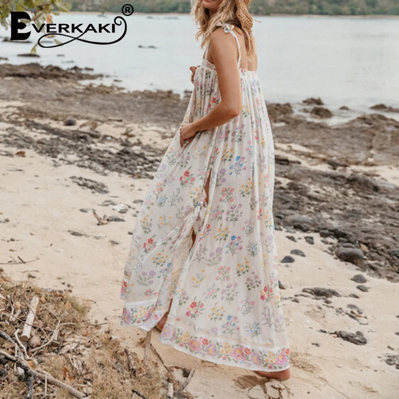 Everkaki платье на тонких бретелях Бохо женское с принтом без спинки длинное в стиле