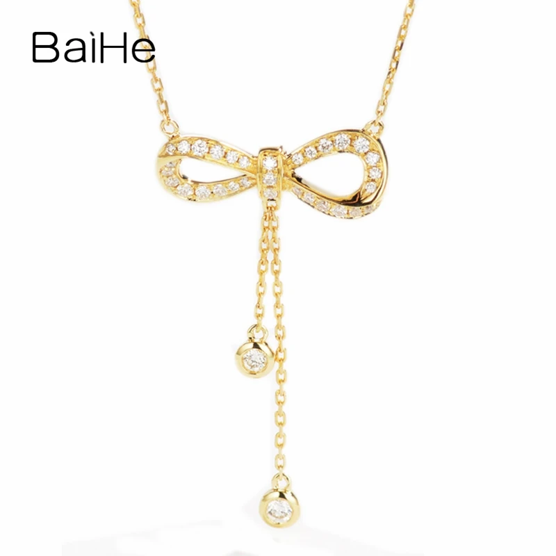 

BAIHE Solid 18K Yellow Gold Natural Diamond Everyday Wear Bowknot Necklace Women Fine Jewelry Making Collar lazo Colarinho