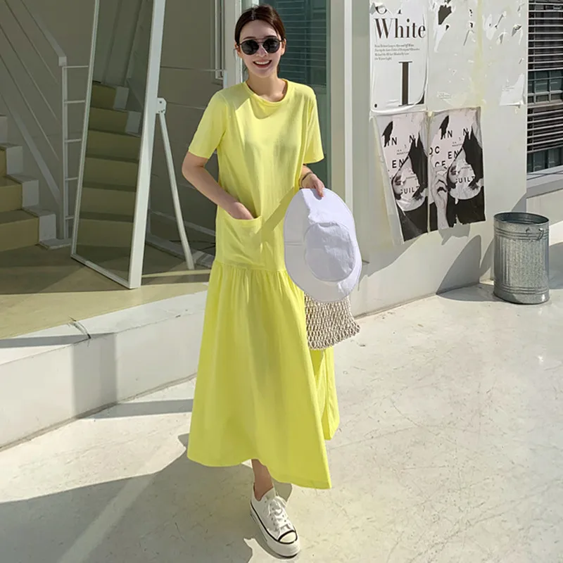 Женское свободное платье LANMREM желтый пуловер с круглым вырезом и коротким