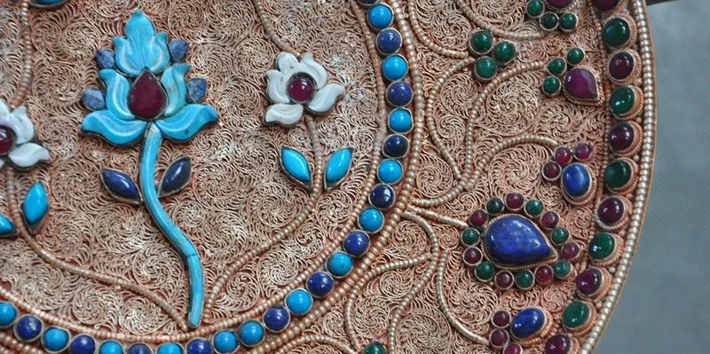 11&quotOld Tibet Buddhism Filigree silver inlay turquoise coral gem Flower wall Than | Дом и сад