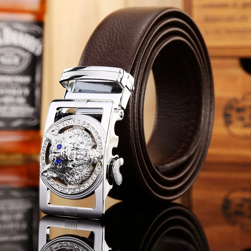 silver wolf coffee Известный бренд, дизайнерский мужской ремень, высокое качество, роскошная волокнистая кожа, большой размер 140 см 150 160, автоматическая пряжка jaguar wolf - Цвет: silver wolf coffee