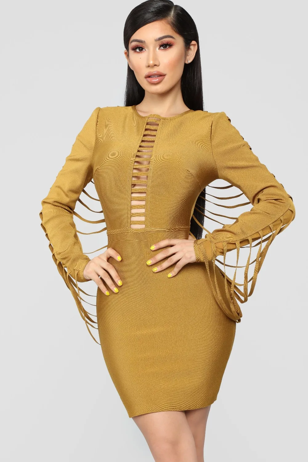 Женское облегающее платье с длинным рукавом трикотажное эластичное вечернее