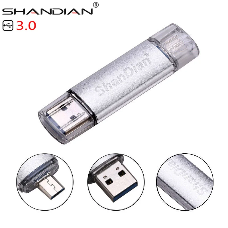 SHANDIAN USB 3,0 быстрая скорость OTG флеш-накопитель 64 Гб металлический USB флеш-накопитель 128 ГБ 32 ГБ 16 ГБ 8 ГБ двойное использование Флешка флеш-накопитель