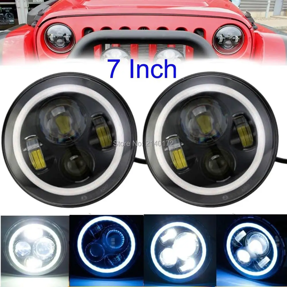 

Black 7'' INCH Round LED Projector Headlight High/Low Beam + Blue Halo Ring Angel Eyes For Jeeps 97-15 Wrangler JK LJ TJ