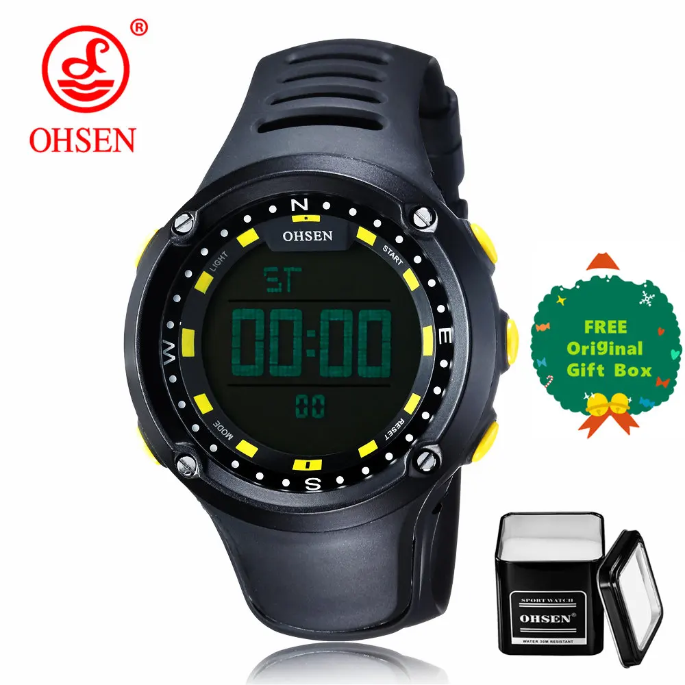 yellow and gift box OHSEN, водонепроницаемые мужские спортивные часы, модные, повседневные, светодиодный, цифровые, для спорта на открытом воздухе, мужские часы, многофункциональные, для студентов, наручные часы - Цвет: yellow and gift box