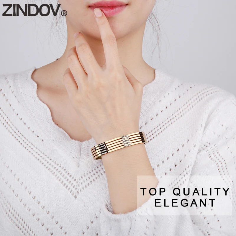 ZINDOV Trendy Jewelry Lady Bracelets For Women Gold Crystal Luxury 316L Stainless Steel Bangles Rose Big Wide Dropshipping | Украшения и