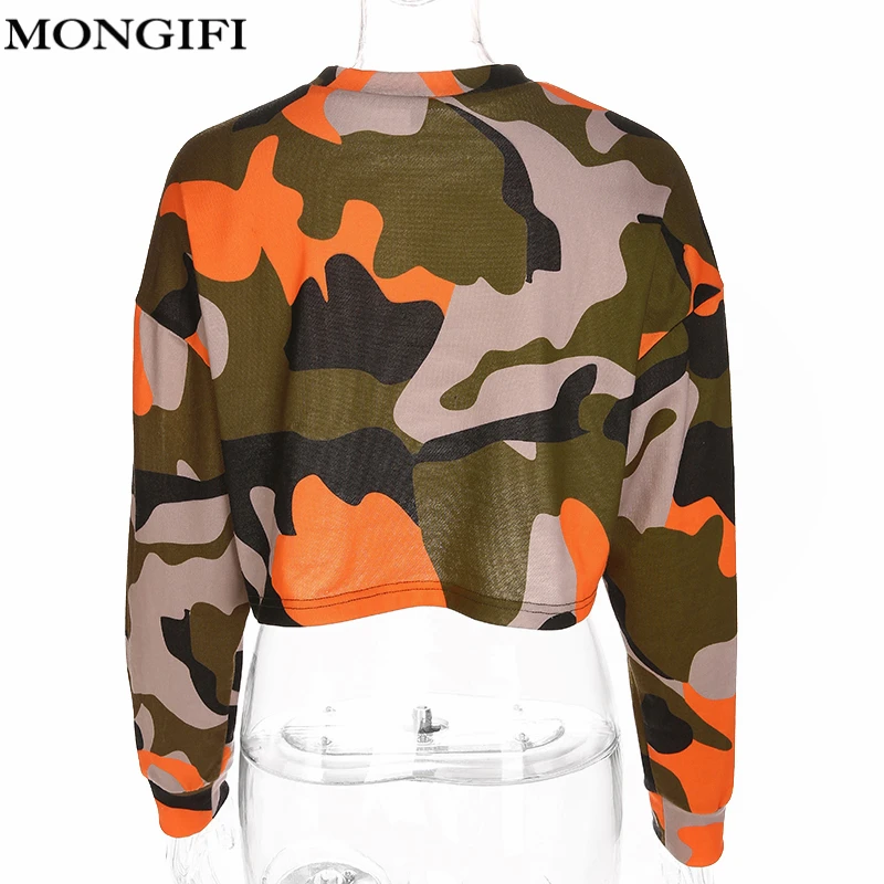 MONGIFI письмо Камуфляж Толстовка Для женщин укороченный топ Camo Hoodie Толстовки с