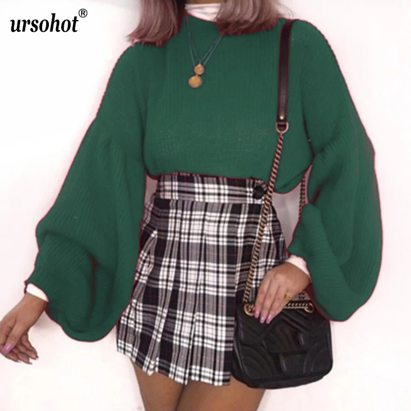 Ursohot Autumn Turtleneck Sweaters Women Invierno 2019 Loose Solid Knitted Pullover Lantern Sleeve Ladies Jumpers | Женская одежда