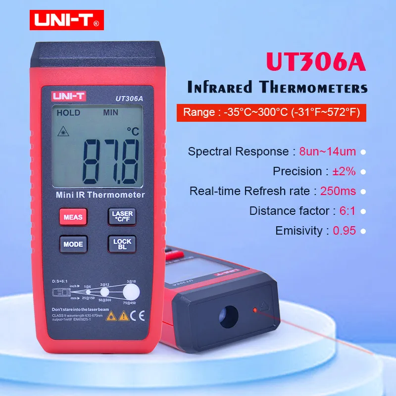 Мини инфракрасный термометр UNI-T UT306A-35 ~ 300C -31 572F цифровой ик-тестер температуры с
