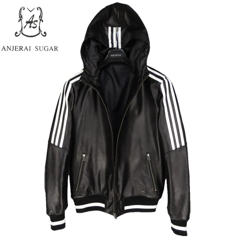

Special Offer Plus Size sheepskin genuine leather jacket men black White stripe M - 4XL Motorcycle bomber Hooded baseball jacket