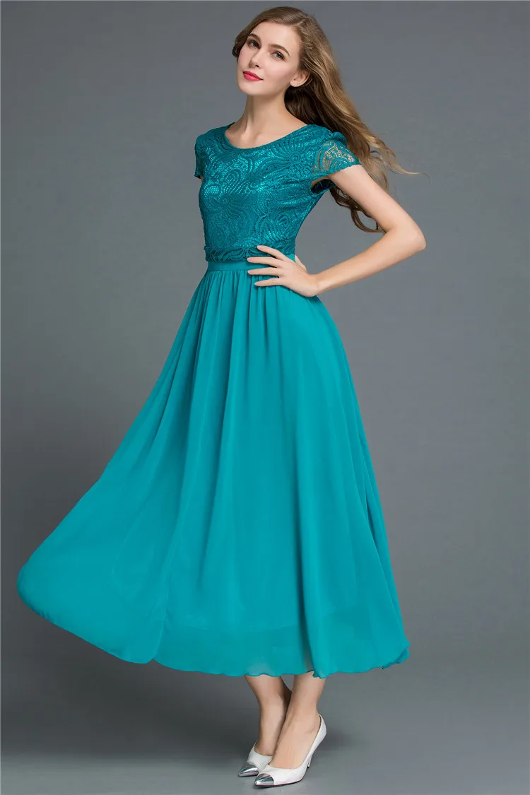 2017 модные милые шифон Сращивание Кружева Круглый воротник с коротким рукавом