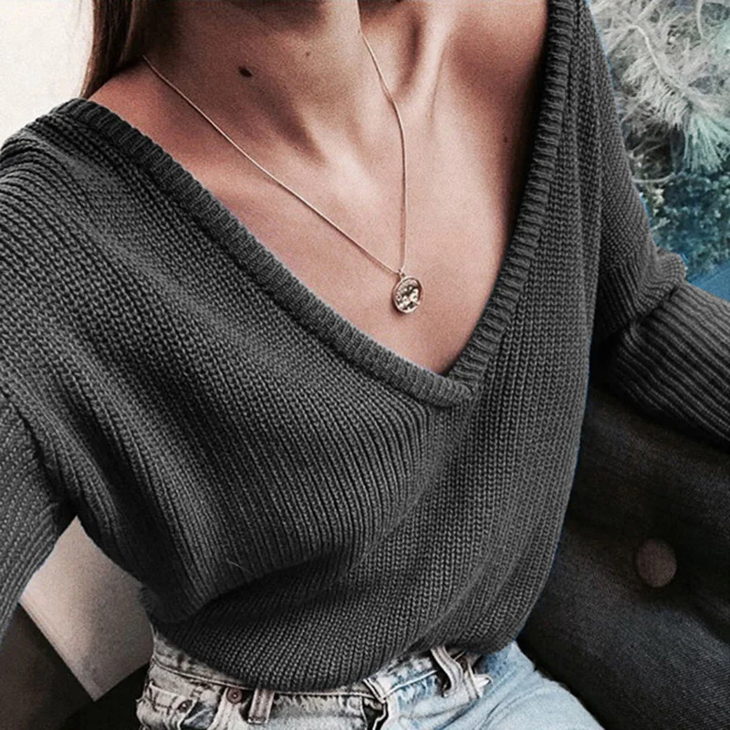 2019 New Fashion Women Casual Deep V Neck Knitted Sweater Jumper Tops Long Sleeve Loose Solid color Pullover | Женская одежда