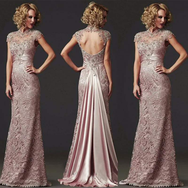 

2017 Custom Made Long MermaId Lace Evening Dress Formal Beaded High Neck Mother of the Bride Dress Vestido de festa long LY-14