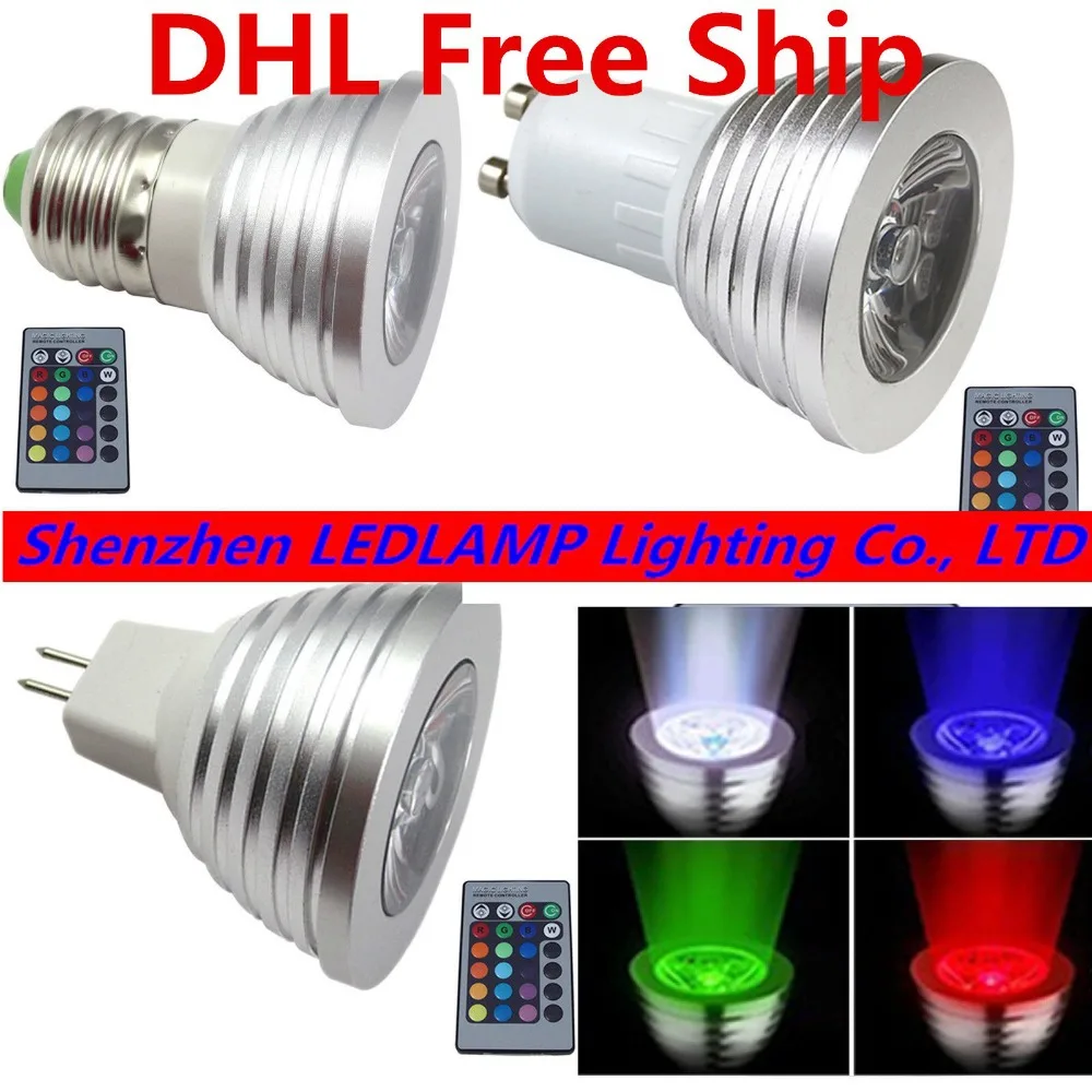 

Lowest Price! 3W RGB LED Spotlight MR16 E27 GU10 E14 RGB LED Spot Bulb Light 85-265V color changable via remote DHL Free Ship