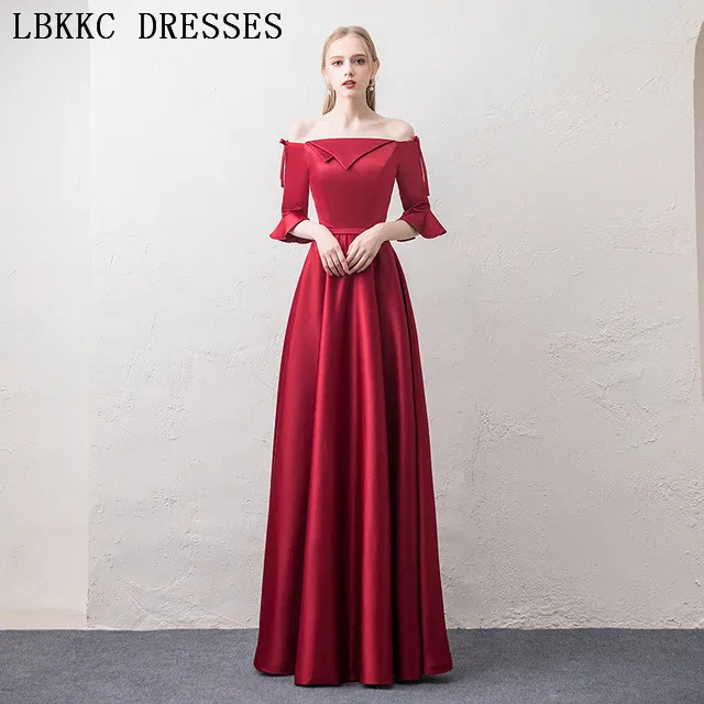 С открытыми плечами Бордовое платье для выпускного вечера es атласное vestido de festa с