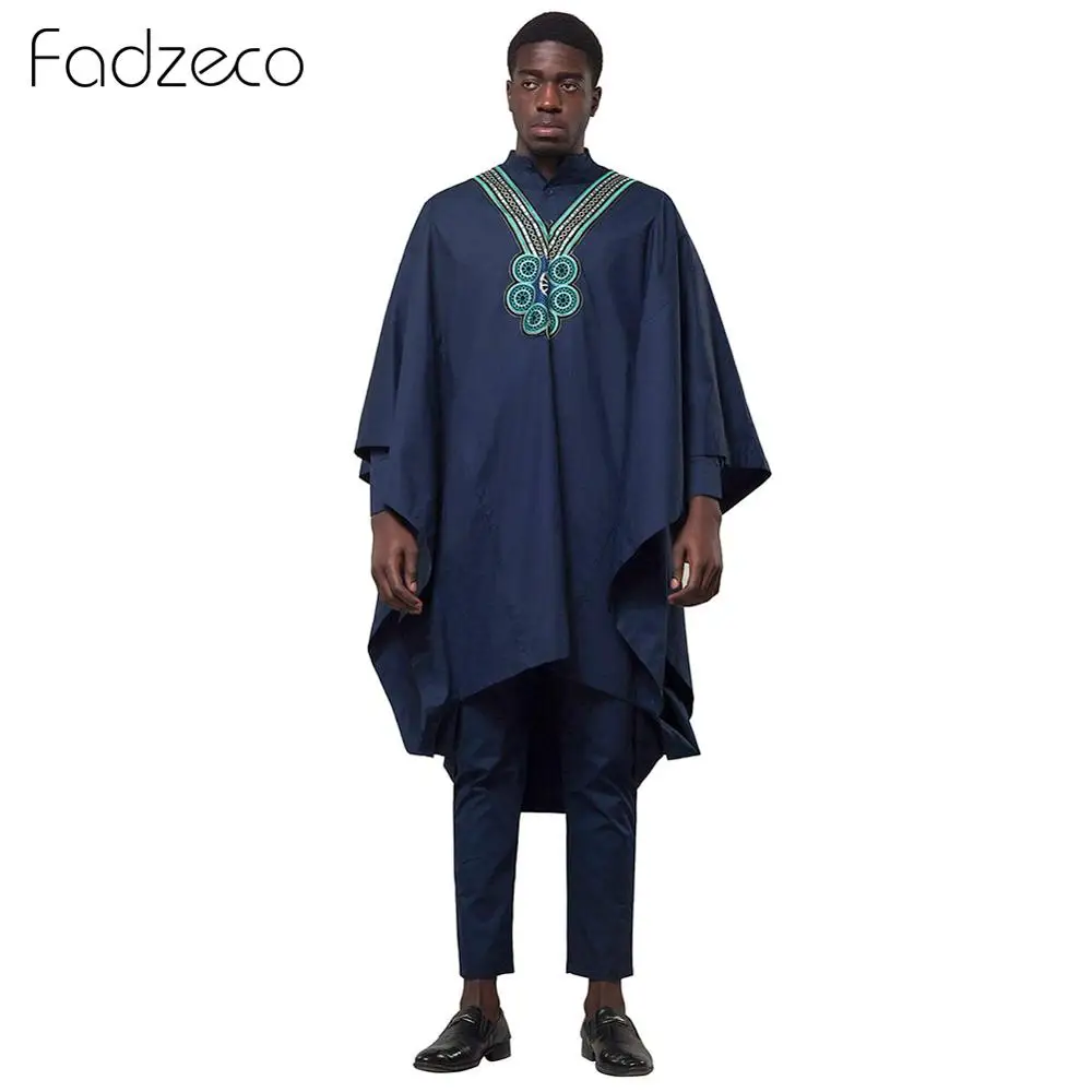 Navy Fadzeco мужские Agbada африканские костюмы Дашики Топы в этническом стиле рубашка брюки деловой комплект из 3 предметов этнический формальный наряд африканская одежда Базен - Цвет: Navy