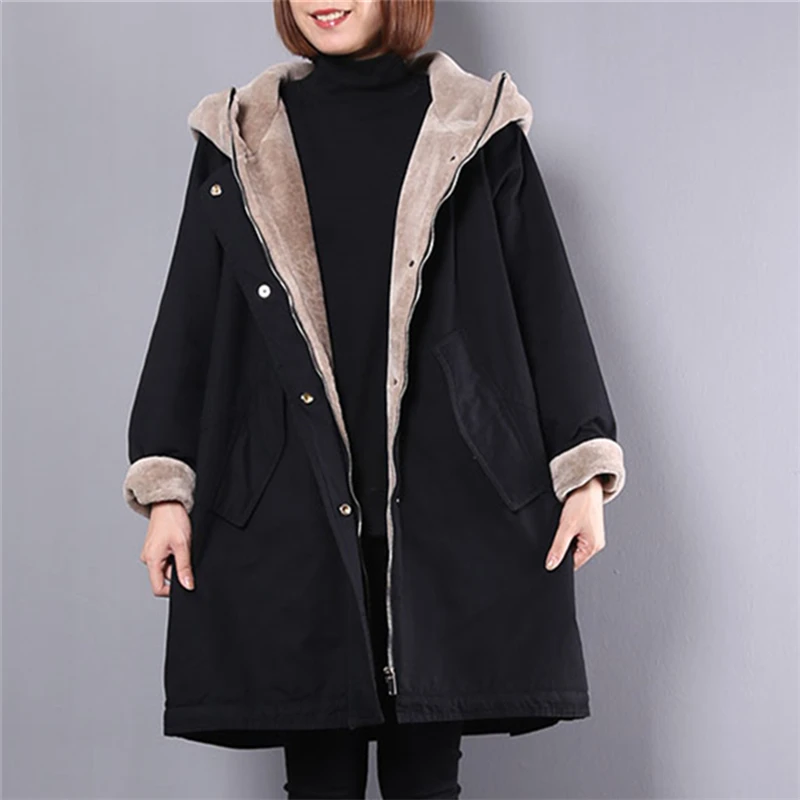 

Cotton Coat Women's Jacket 2018 Winter Fashion New Loose Large Size Long Bat Sleeve Plus Velvet Hick Hooded Cotton Coat HJB373