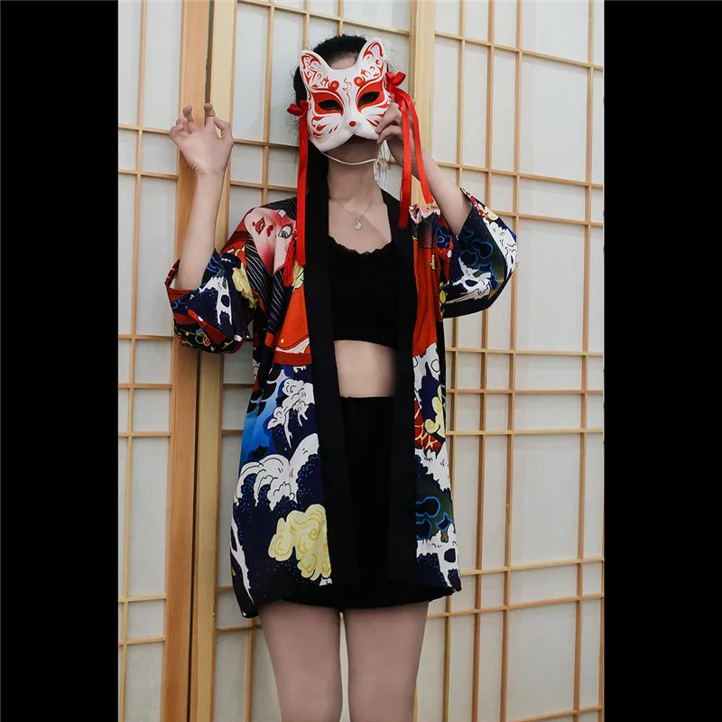 Harajuku Kimonos Женская японская блузка Ukiyo e с принтом повседневное свободное кимоно