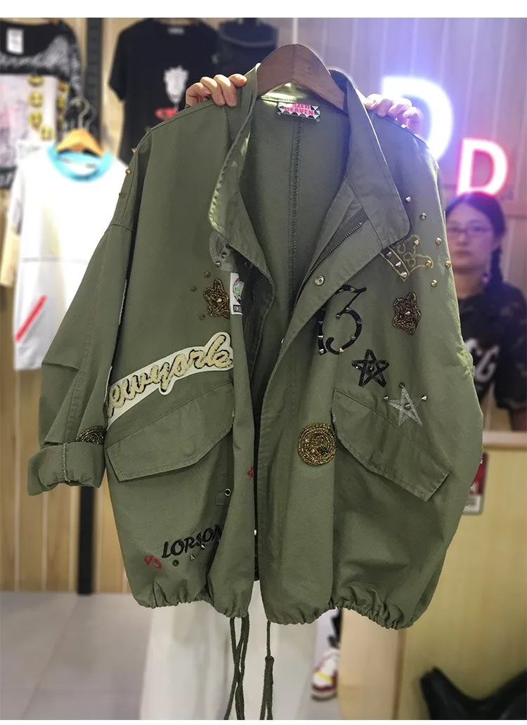 Новинка, Весенняя женская куртка в стиле милитари, большие размеры, XL-5XL, повседневная, с вышивкой, с длинным рукавом, Свободное пальто, женская куртка C97