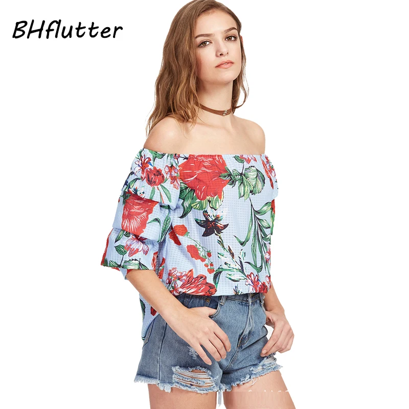 BHflutter С Плеча Блузка Рубашка Женщины Шифон Топы Sexy Slash Шеи Цветочный Принт Летние