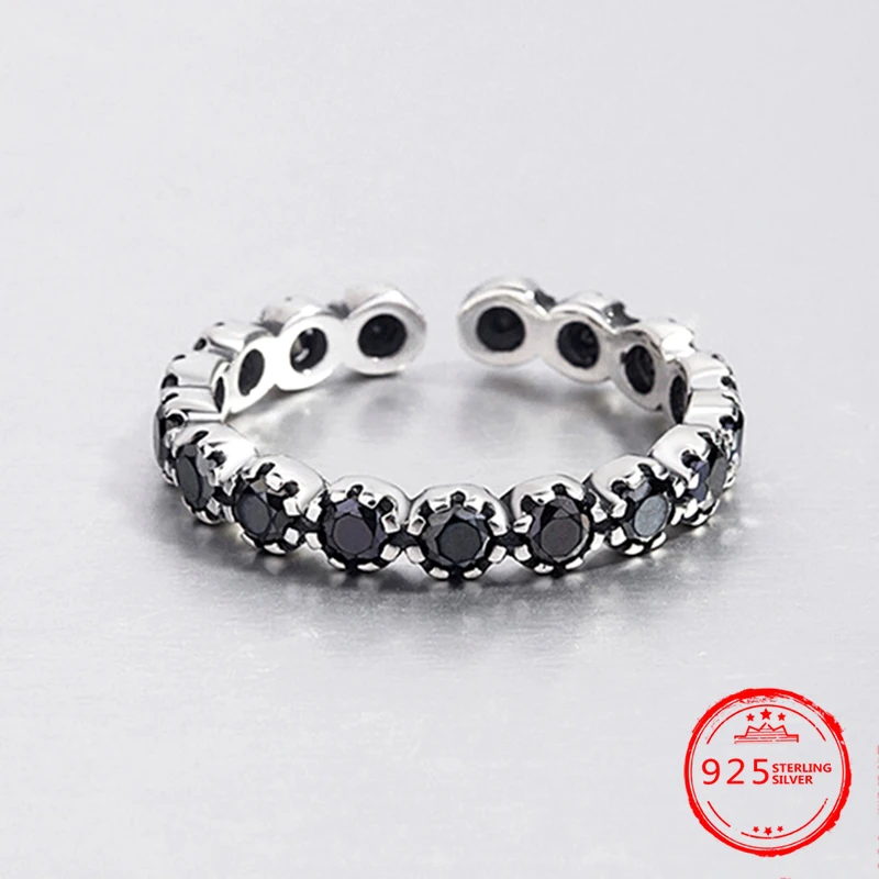 

2019 New 925 Sterling Silver Retro Creative Set With Black Zircon Ladies Open Ring Couple Gift