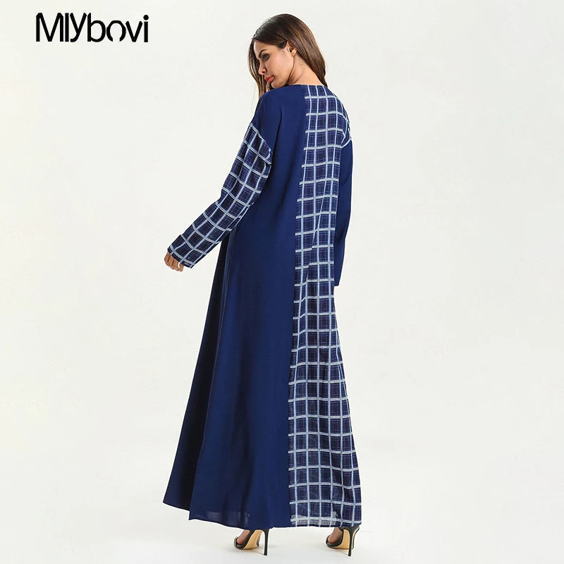 Striped Patchwork Women Dress Navy Blue Fashion Casual Maxi Muslim block Spring Summer Female Plaid islamic clothing 2019 | Женская