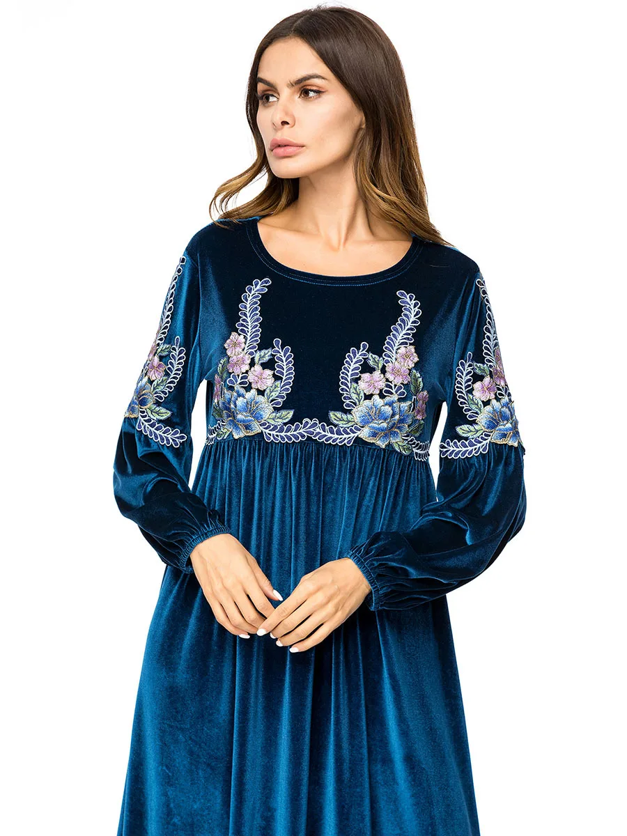 Бархат мусульманское платье 4XL плюс Размеры одежда из Дубая Для женщин цветы