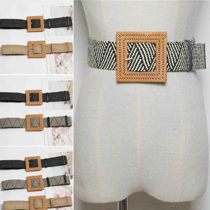 

Women Elastic Casual Square Wooden Buckle Straw Belt Braided Woven Waistband