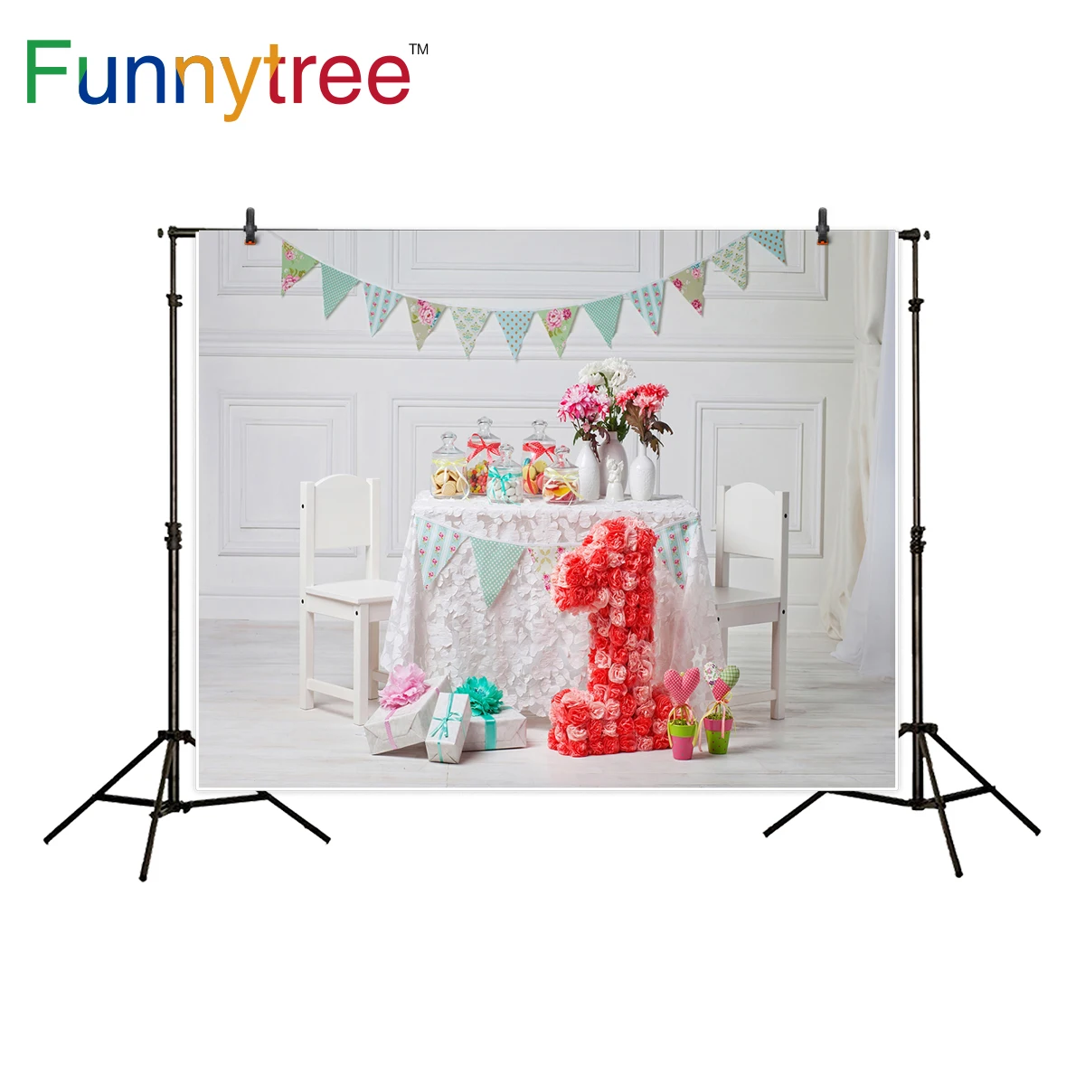 

Funnytree 1st Birthday Cake Smash Background Photo Studio Kid Candy Party Flower Gift Photographic Backdrop Photobooth