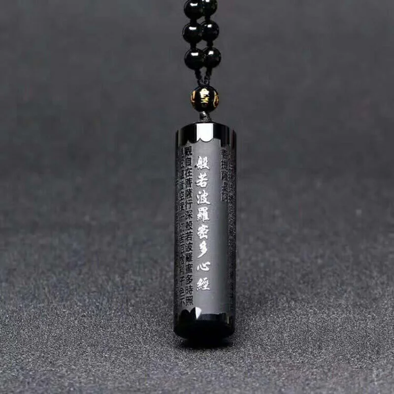 Natural Obsidian Pendant Prajna paramita Sutra Buddha Necklace Pendant With Lucky Beads Chain Fashion Jewelry For Men women