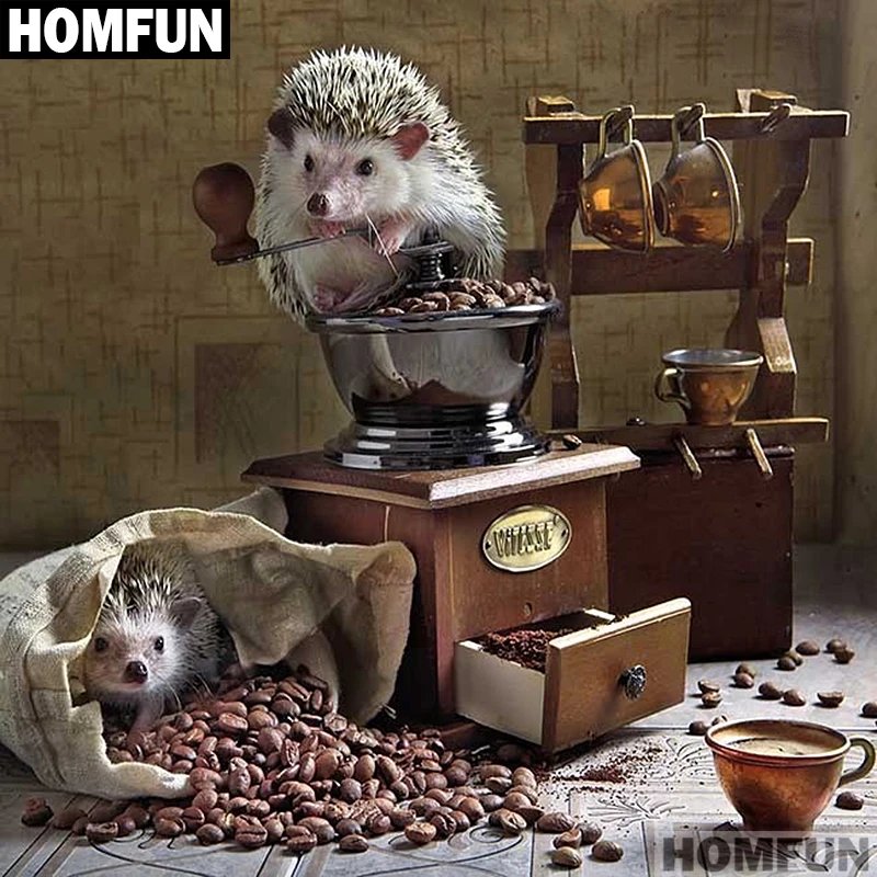 Алмазная живопись HOMFUN A01332 полноразмерная/круглая 5D картина Ежик кофе вышивка