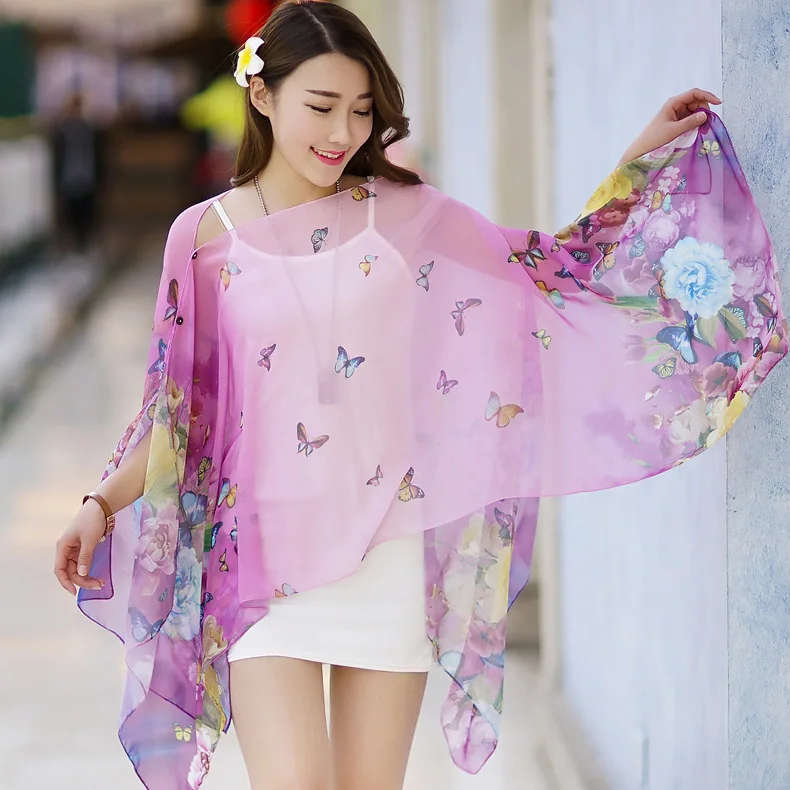 Женщины Шарф Шаль Весна Осень Женский Бабочка Шелковые Шарфы Печатных Летний