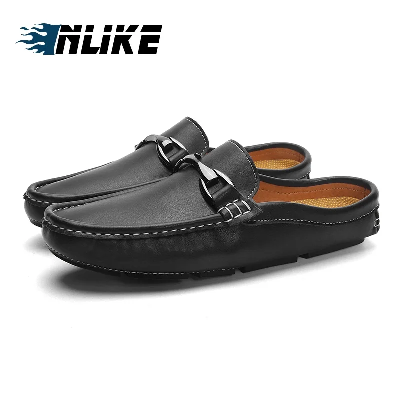 New Summer Men Flats Mules Slip on Genuine Leather Slides Shoes Man Soft Leather Casual Slipper