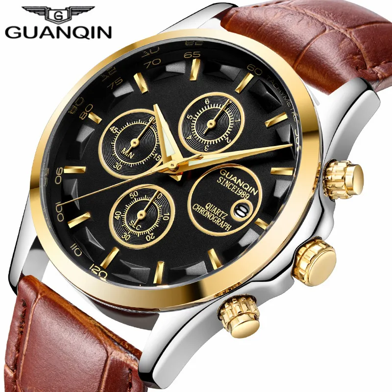 GUANQIN хронограф мужские часы кожаные спортивные relogio masculino 4 наручные с маленьким